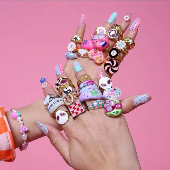 1pcs Alloy Checkered Ring Green Neon Green Gold Rings Glitter Jelly Enamel Trend - Picture 9 of 16